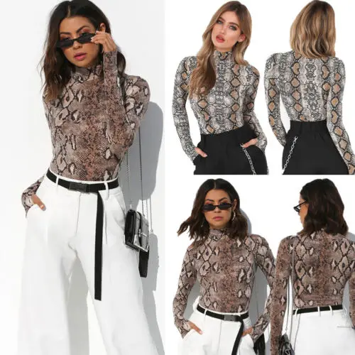 Новые пикантные с длинным рукавом Leopard женский боди-костюм боди змеиной кожи