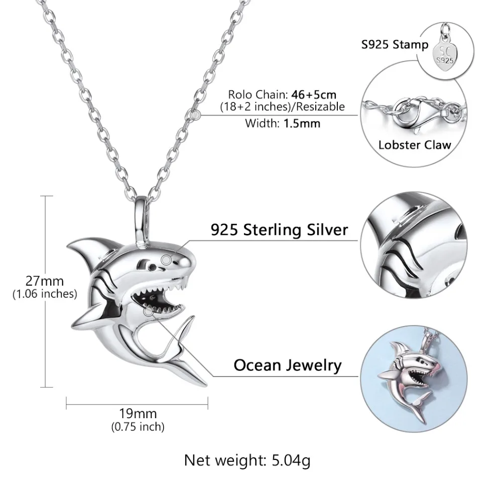 U7 925 Sterling Silver Shark Necklace Sea Animal Pendant & Chain Men Women Fine Jewelry Gift  Wholesale