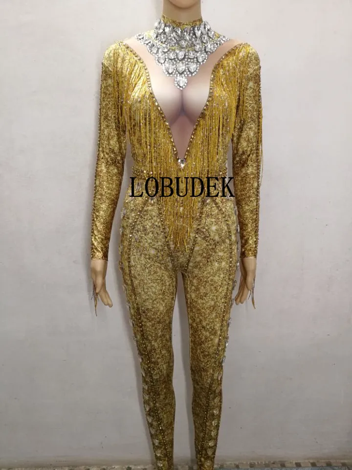 Zentai женский сценический костюм с золотыми стразами и кисточками сексуальный