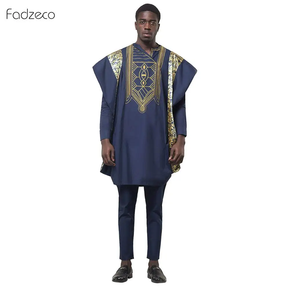 Blue Fadzeco Agbada Мужская африканская 3 шт размера плюс Дашики вышивка бубоус топы короткие и брюки Мужская одежда халат Базен костюмы - Цвет: Blue