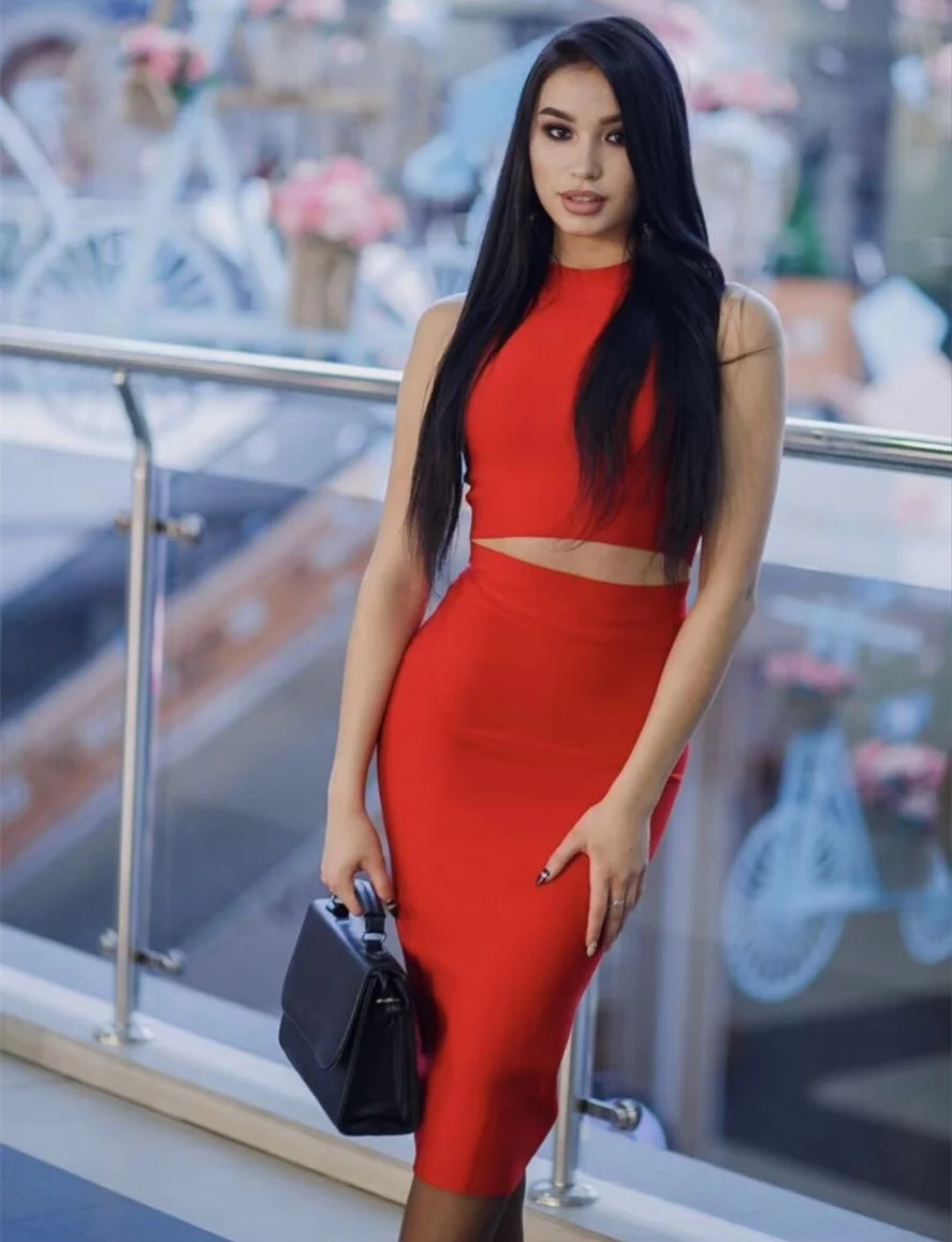 Красный из двух частей 2018 новый женский vestidos Бандажное платье с круглым вырезом
