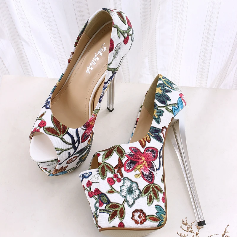 LLXF zapatos/Большие размеры: 34-42, 43, Летние Босоножки с открытым носком и цветочным принтом пикантные туфли на тонком высоком каблуке 20 см для ночного клуба женские туфли-лодочки на шпильке