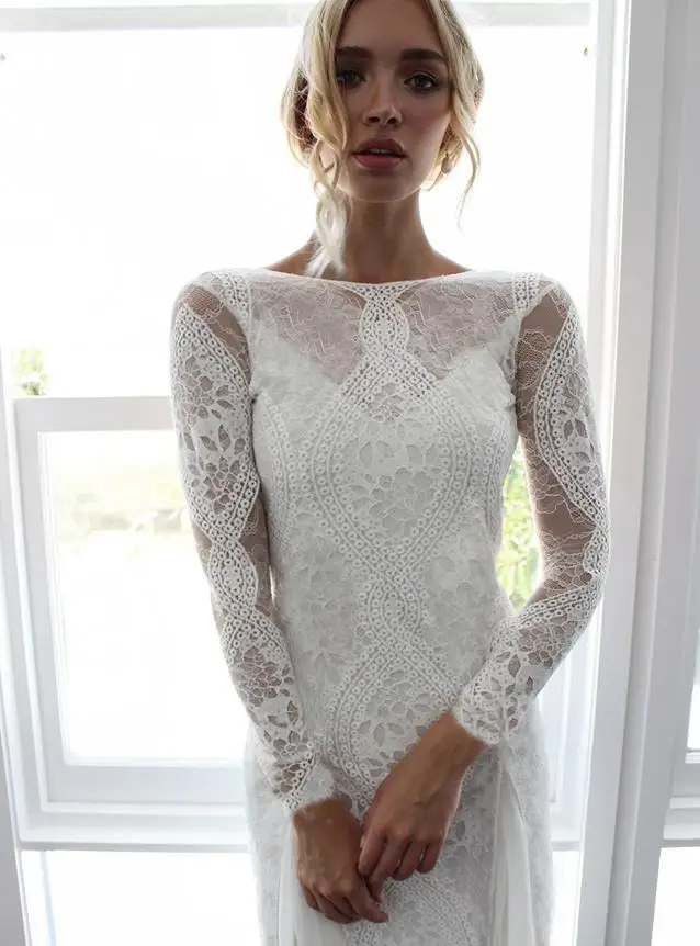 Слоновая кость Vestidos de novia corte sirena новые кружевные Длинные рукава цвета слоновой кости пляжные свадебные платья в стиле бохо свадебные платья в стиле кантри trouwju - Цвет: Слоновая кость