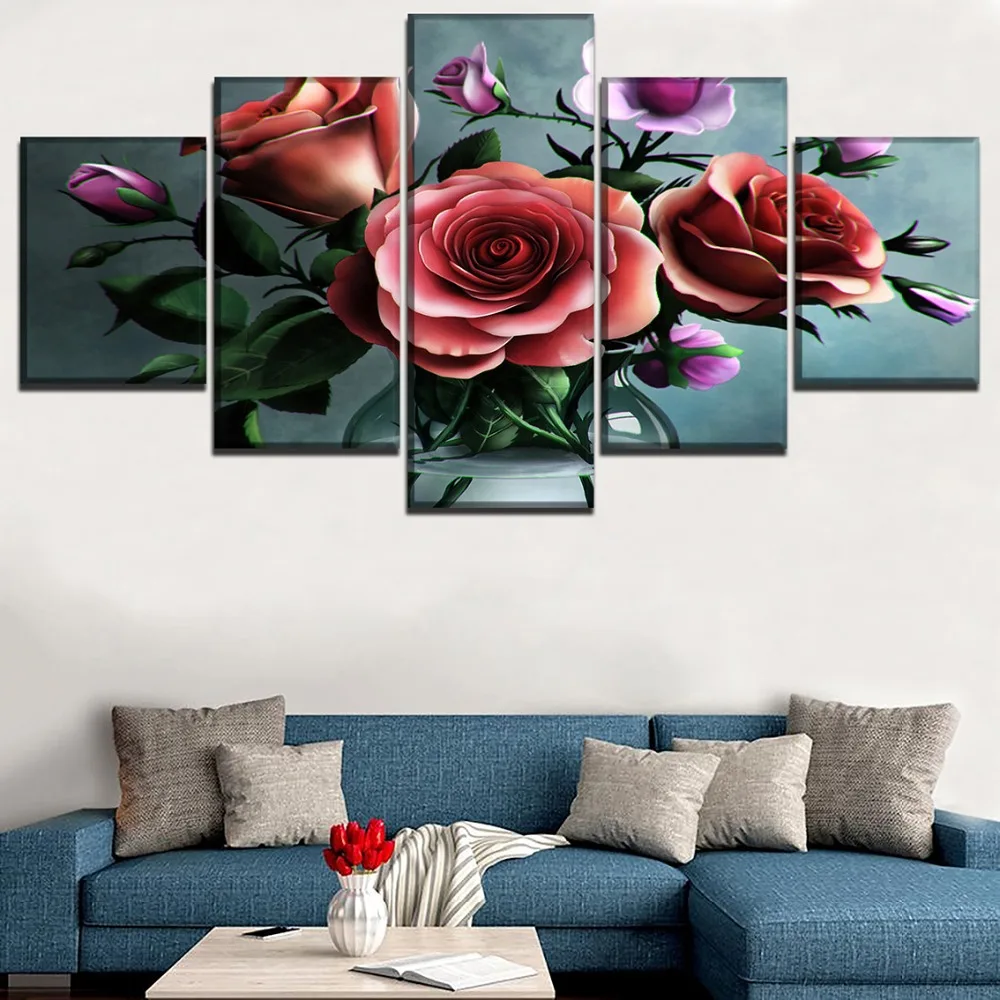 Модульные картины на холсте декоративные рамки HD печать 5 шт. розовый