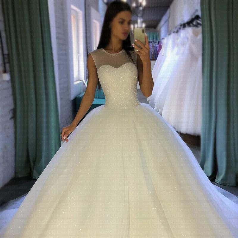 Сверкающее Robe De Mariee прозрачное украшенное драгоценностями декольте бальное платье Свадебные платья Роскошные арабские Дубай Свадебные платья