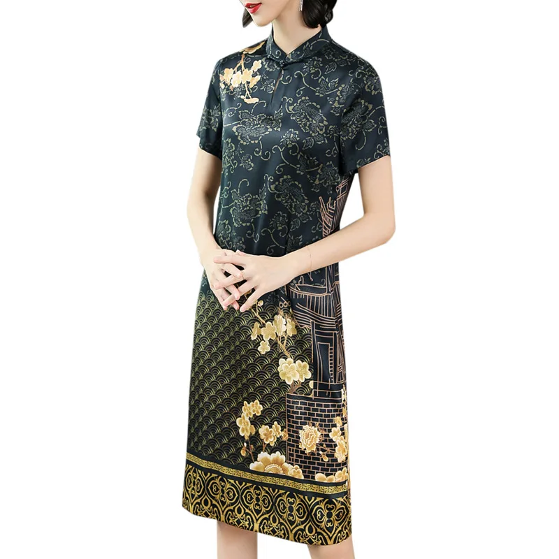 Mulberry Silk Dress Women 2019 Summer New Your Waist Cover Belly Improved Cheongsam Temperament Vestido Plus Size 5XL | Женская одежда