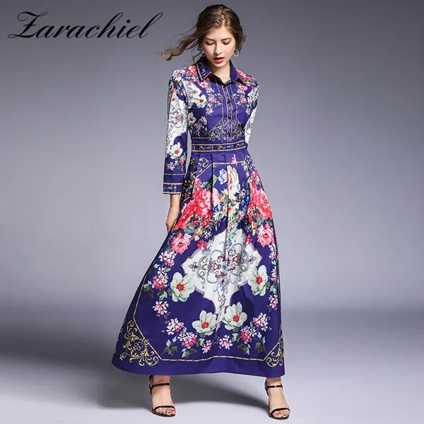 picture color Модное подиумное осеннее платье женские наручные рукава отложной воротник цветочный принт дамское элегантное винтажное длинное платье до щиколотки - Цвет: picture color