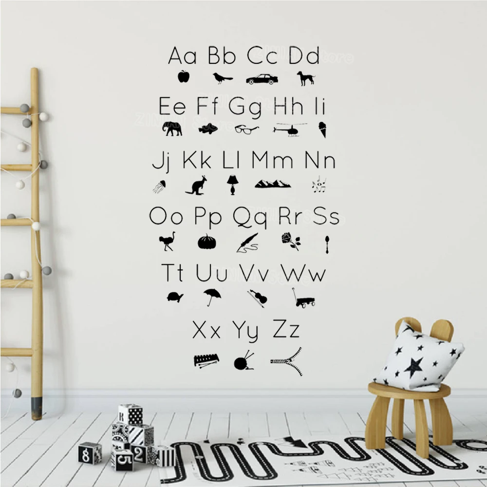 

ABC Alphabet Picture Icons Silhouettes Wall Decal Kids Vinyl Art Stickers Playroom Removable Wall Sticker Bedroom Posters Z176