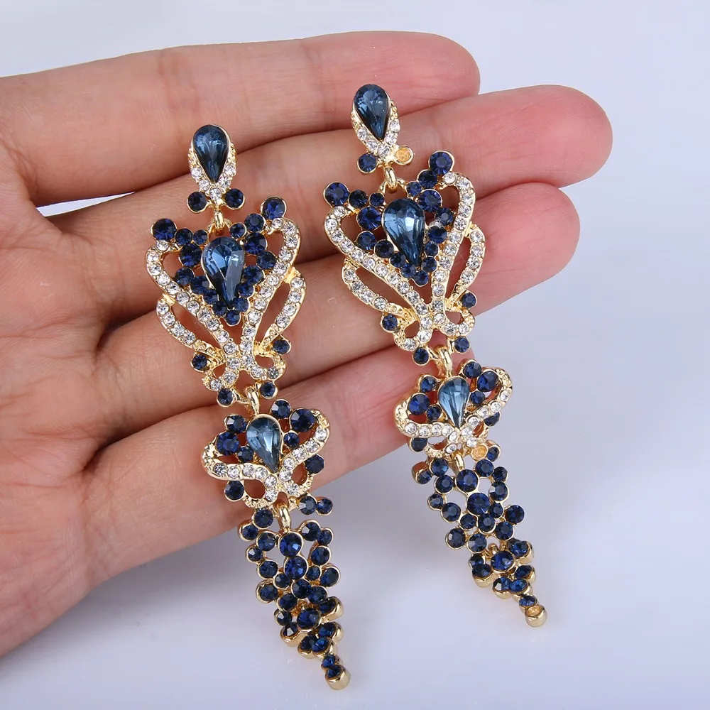 Tuliper Heart Earrings Bridal Blue Austrian Crystal Rhinestone Wedding Dangle Women Jewelry Pendientes Earring | Украшения и