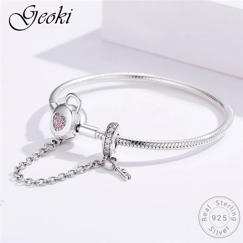Geoki 925 стерлингового серебра микро Розовый CZ ключ и замок браслет fit Pandora Подвески оригинальные шарики на страховочной цепочке браслет, женская бижутерия