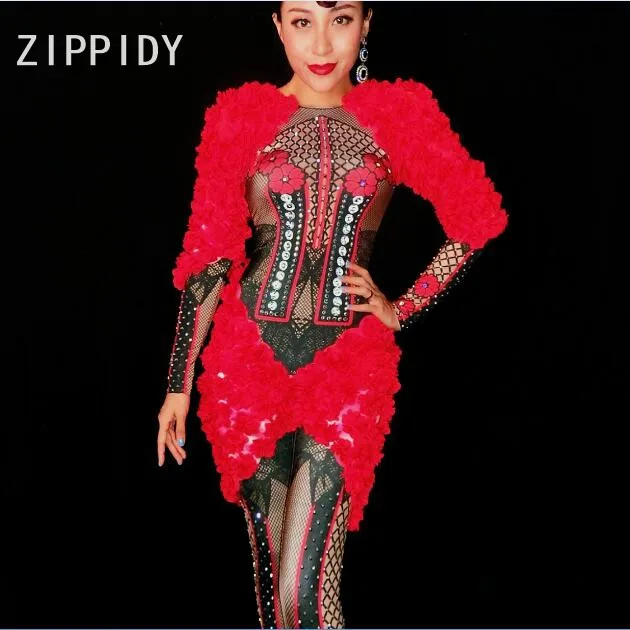 Sexy Red Flowers Rhinestones Jumpsuit Women's Birthday Celebrate Clothes Nightclub Dance Show Outfit Stones Appliques Leggings