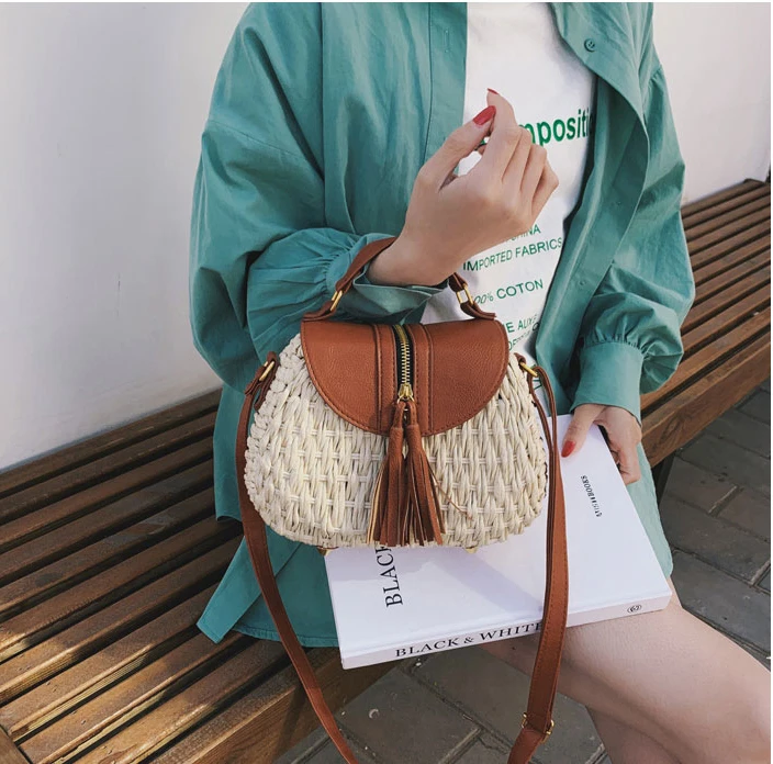 

2019 New Design Knitting Messenger Crossbody Bags Summer Women Tassel Straw Beach Shoulder Bag Single Women's Handbag WHH032