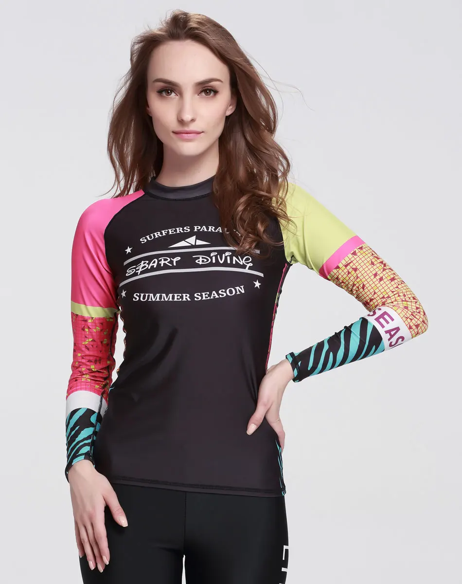 Новинка 2016 женские гидрокостюмы с принтом базовые шкуры длинный рукав вырез