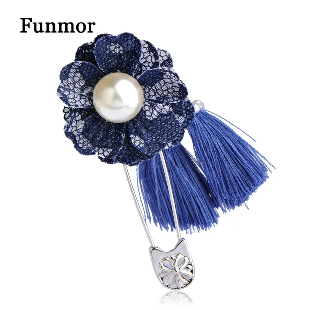 

FUNMOR Handmade Blue Fabric Flower Brooch Imitation Pearls Tassel Pins Brooches For Women Banquet Dress Decoration Collar Clips