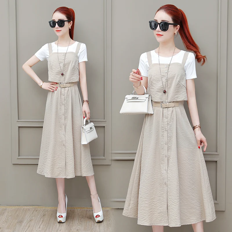 2018 летний женский костюм джинсовое платье-джемпер белая футболка с короткими