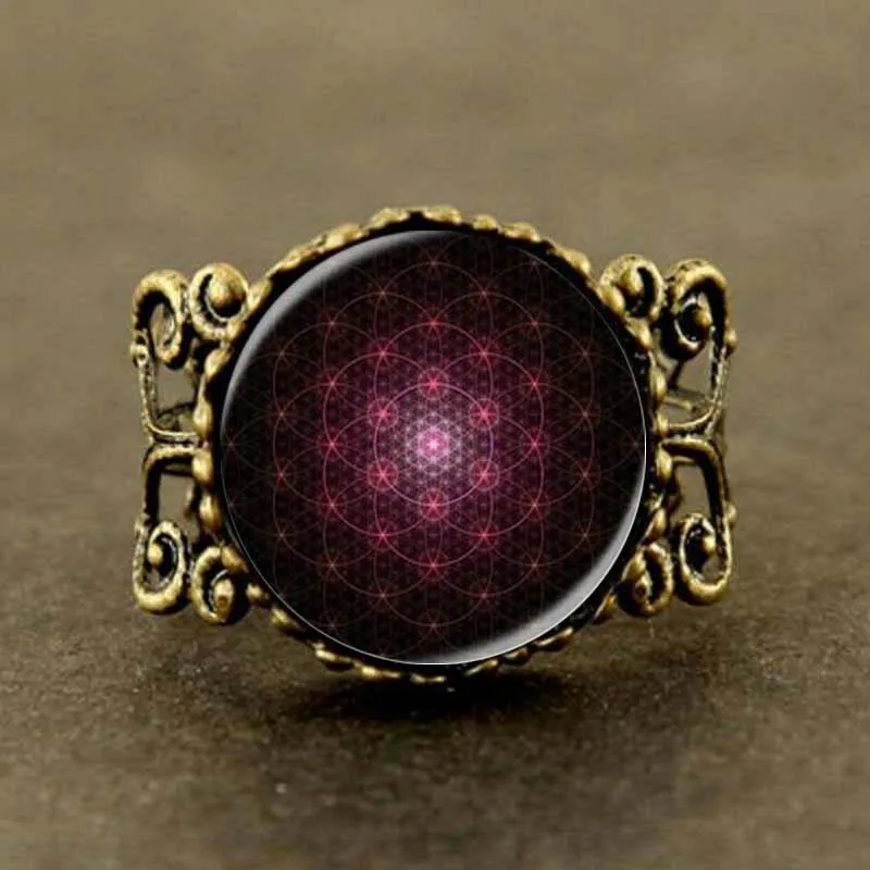 Кольцо в стиле стимпанк с цветком жизни стеклянный кабошон черное кольцо женская