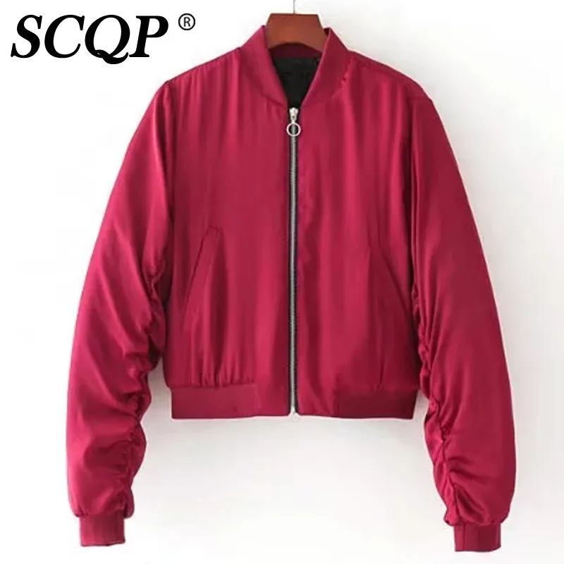 SCQP Для женщин Повседневное твердых атласная Курточка бомбер тонкий o-образным