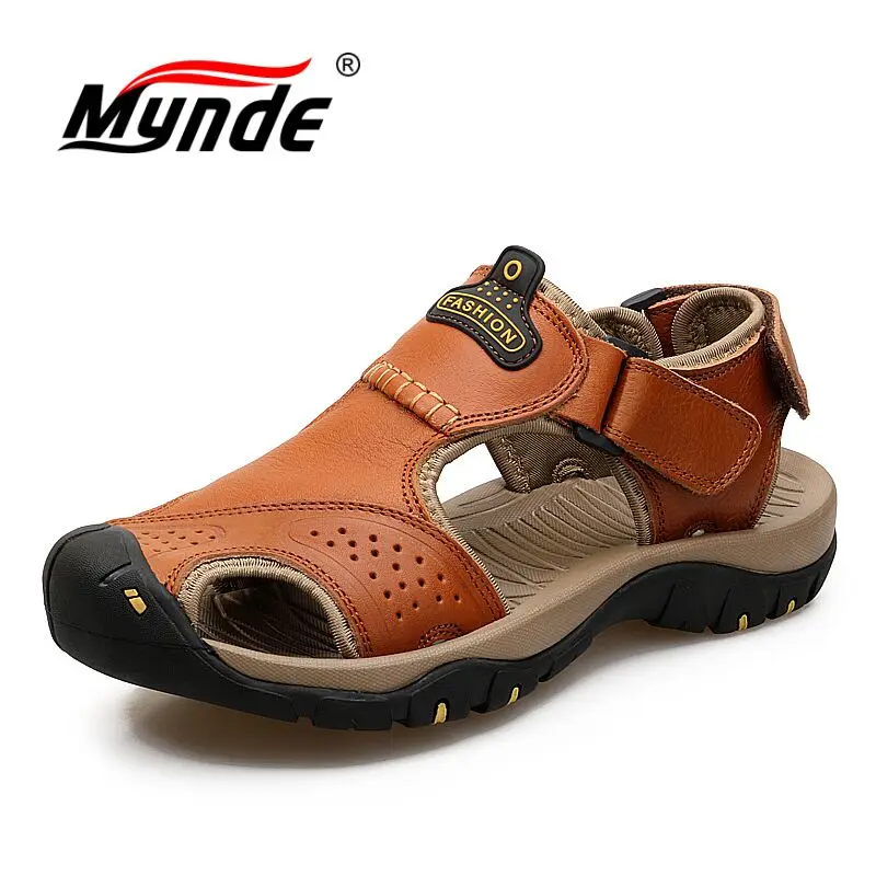 Light brown Mynde/брендовая мужская обувь из натуральной кожи; сезон лето; Новинка; мужские сандалии; модные сандалии; шлепанцы; большие размеры 38-47 - Цвет: Light brown