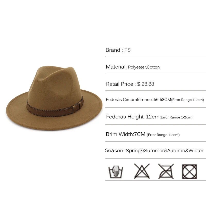 Фетровая шляпа FS с поясом для мужчин и женщин теплая хлопковая в винтажном стиле