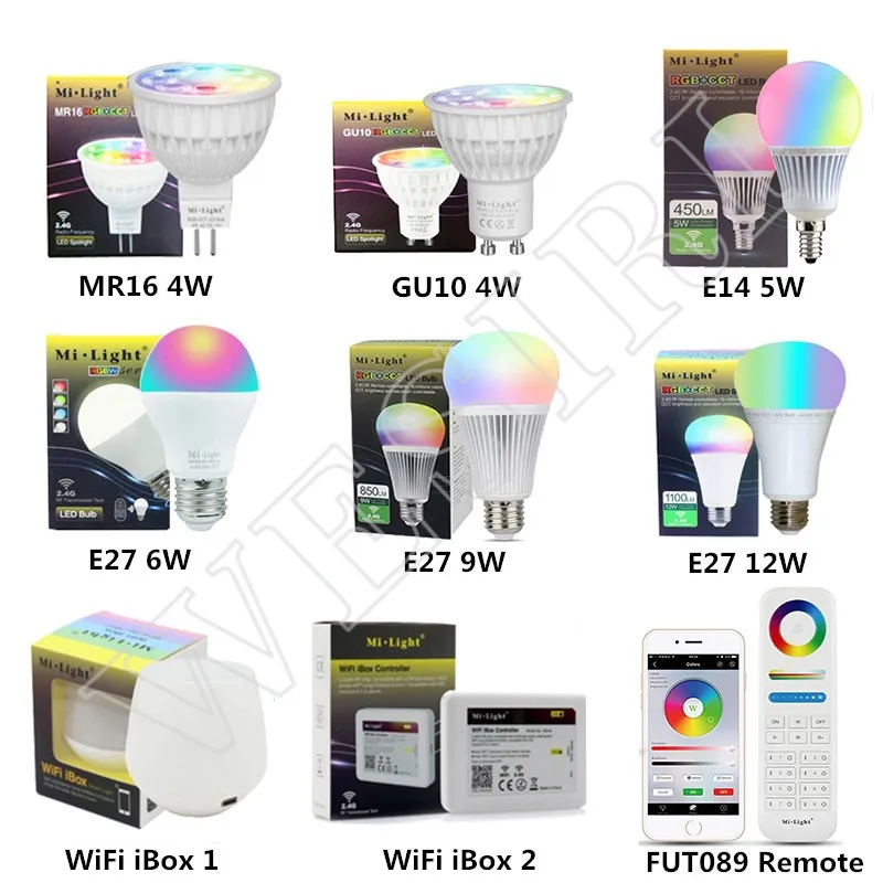 Беспроводной светодиодный смарт лампочка Milight 2 4G 4 Вт 5 6 9 12 GU10 E27 MR16 RGB + CCT зоны