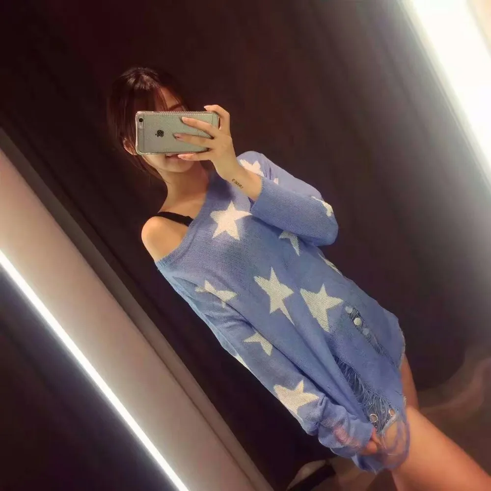 Милые женские пуловеры со звездами на весну модный Свободный черный рваный