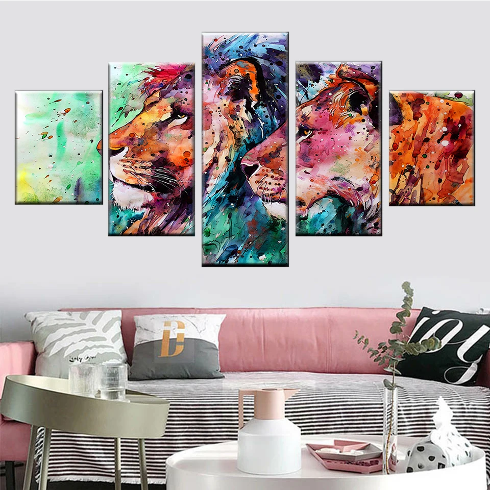 Nordic wall art рамка картина 5 панель Красочные льва холст с печатью постера