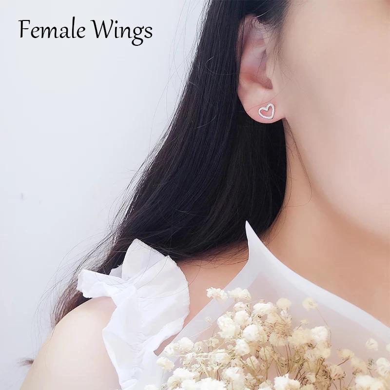 Женский крылья 925 пробы серебра в форме сердца серьги гвоздики для Для женщин