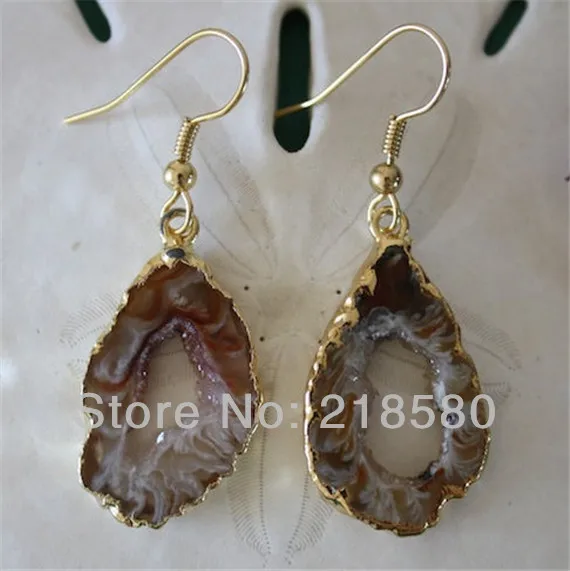 

H-QE06 5pairs/lot Brown Agates Slice Geode Druzy Earrings Gold Electroplated