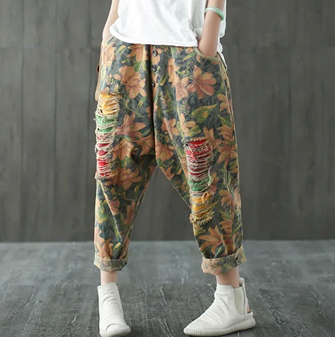 Женские джинсы с дырками Выбеленные повседневные винтажные до щиколотки