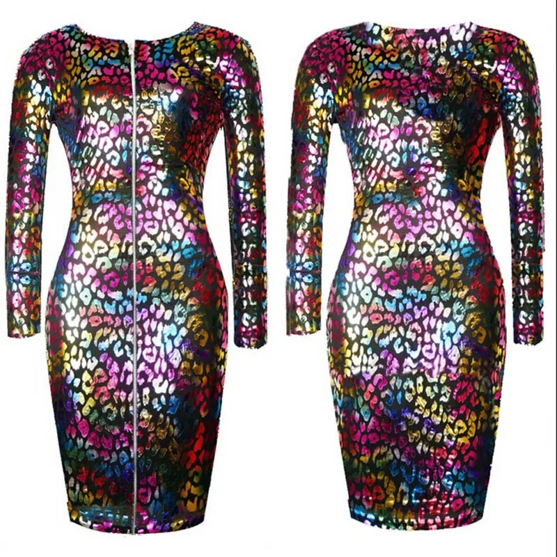 Sexy Colored Rainbow Leopard Faux Leather Zipper Front Bandage Pencil Dresses New 2015 Long Sleeve Women's Bodycon Midi Dress | Женская