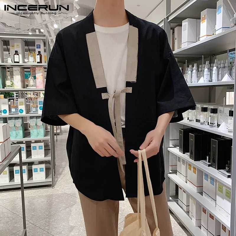 INCERUN, китайский стиль, мужская рубашка, кимоно, хлопок, однотонные, стиль Харадзюку, карманы, половина рукава, топы, уличная одежда, винтажные мужские повседневные рубашки