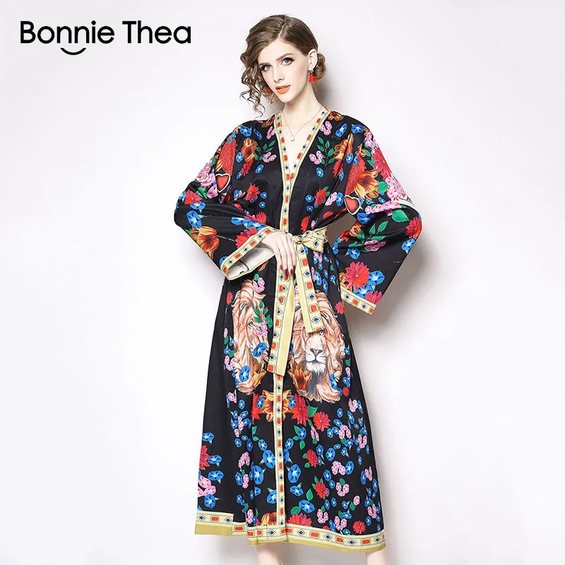 Bonnie Thea/весеннее женское платье черного цвета с принтом льва винтажное элегантное