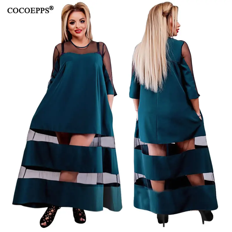 COCOEPPS 5XL 6XL размера плюс модное Сетчатое женское платье большого размера офисные женские длинные платья лоскутное повседневное летнее макси платье