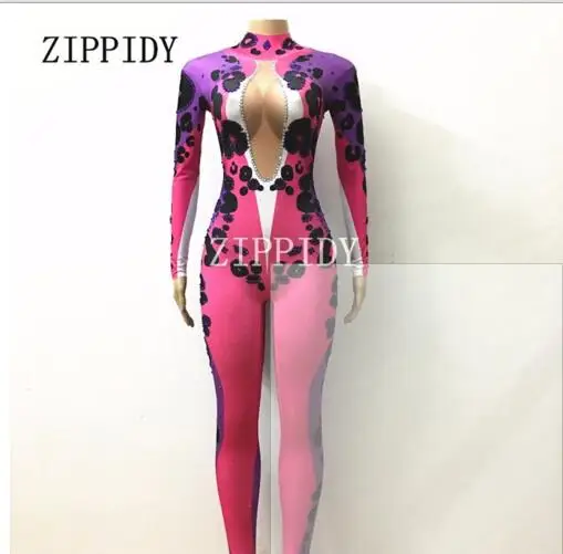 Fashion Purple Leopard Jumpsuit Long Sleeves One-piece Stretch Costume Rhinestones Outfit Performance Women Singer Dancer Wear