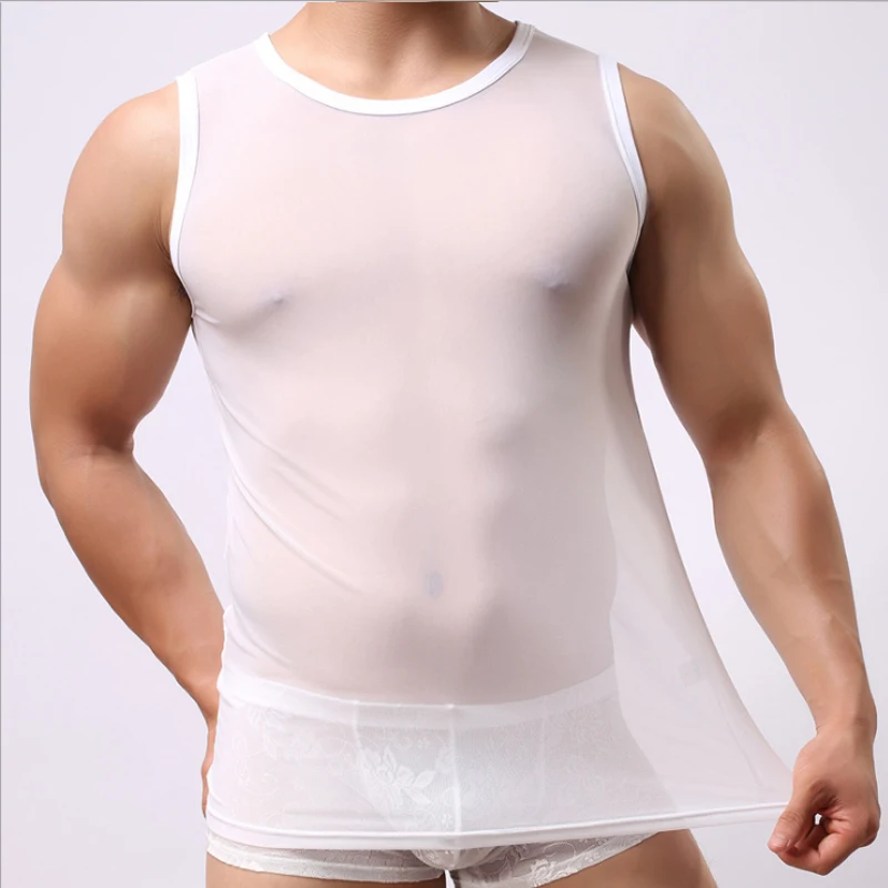 Man Undershirt Men Ice Silk Spandex Sheer Vest Male Sexy Mesh O-neck Thin Short Sleeves Gay Fitness Transparent Tank Tops |
