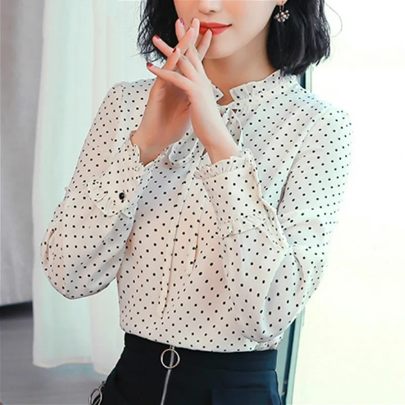 

2019 Tops and blouses Bow white blouse chiffon blouse Polka Dot V-Neck tops