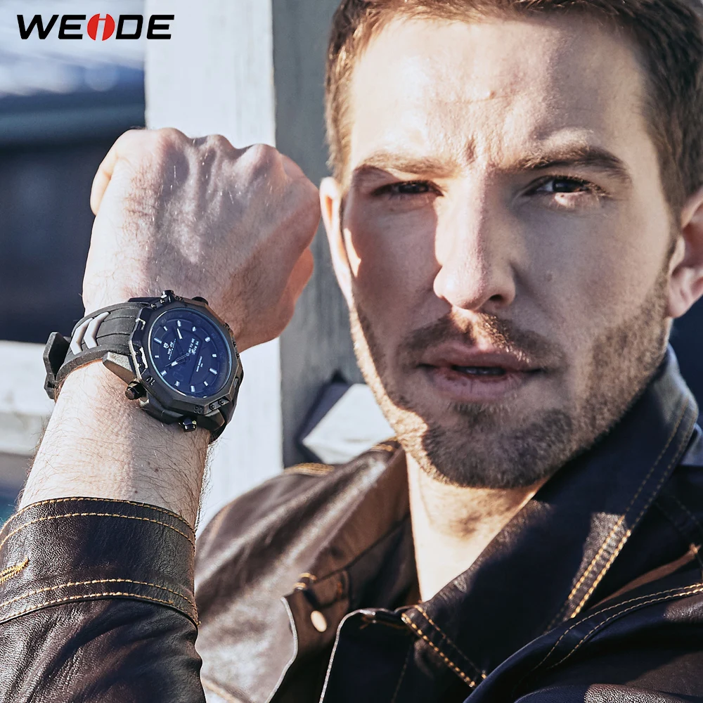 WEIDE Часы Мужчины Аналоговый Задняя Подсветка Цифровые Мигание Японский Механизм MIYOTA Оригинальная Батарея Негабаритный Циферблат Силиконовый Ремешок Автоматическая Дата Водонепроницаемые Наручные Мужские Часы