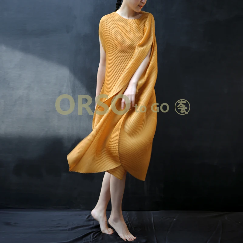 Yellow Changpleat летнее Новое Женское свободное платье Miyak Плиссированное модное дизайнерское однотонное платье с круглым вырезом большого размера Несимметричное женское платье - Цвет: Yellow