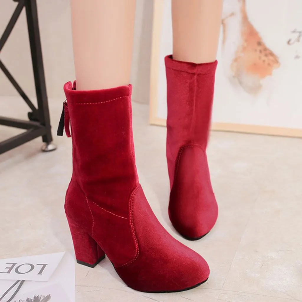 JAYCOSIN Women Ankle Boots shoes woman Heels Solid Flock Thick High Heel Black Zipper winter boots women botas mujer 715