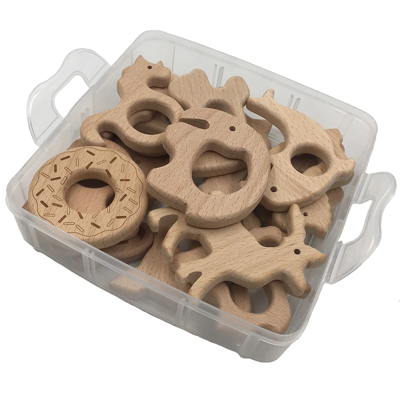 2 boxed Best Quality Wood Baby Teether Nursing Jewelry Beech wooden animal Geometry Wood Beads Creative Wooden Rings Teether