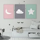 Набор из 3 плакатов в виде звезды, облака, Луны, настенное украшение для детской комнаты, мятно-серое, розовое