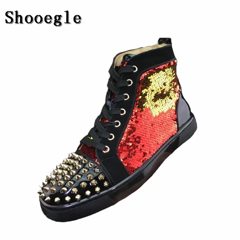 SHOOEGLE/Новинка Мужская обувь с заклепками и блестками Модные мужские кроссовки