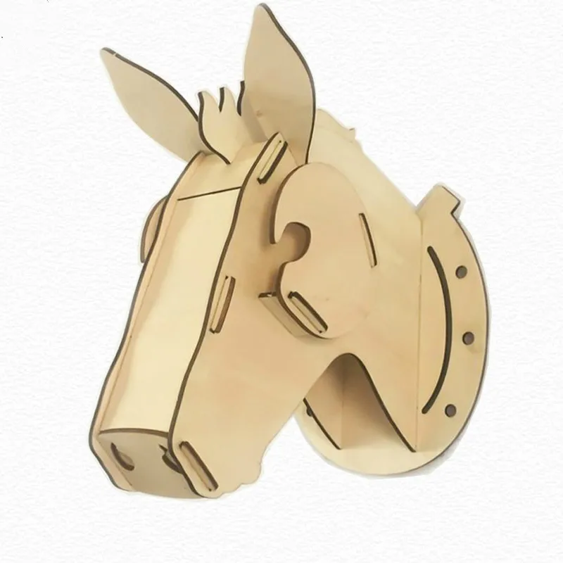 Horse 3D Деревянный Единорог голова крюк на стену сборка головоломки набор фанеры голова животного для домашнего декора mdf изделия Искусство украшения стены - Цвет: Horse