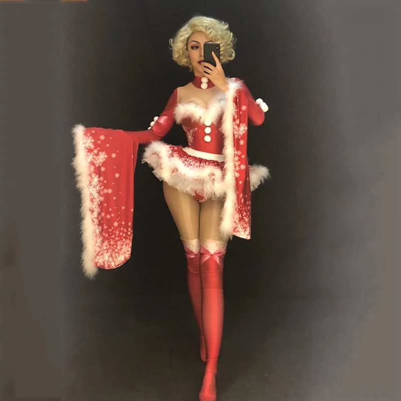 Christmas Style Women New Sexy Red Bodysuit White Fluff Big Coat Set Nightclub Party Stage Wear Dancer Singer Bling Costume