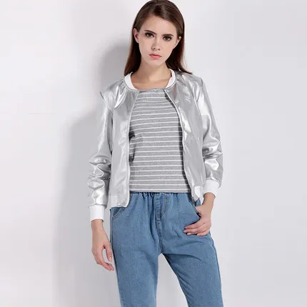 2019 Осенняя модная женская металлическая Серебряная летная куртка повседневная