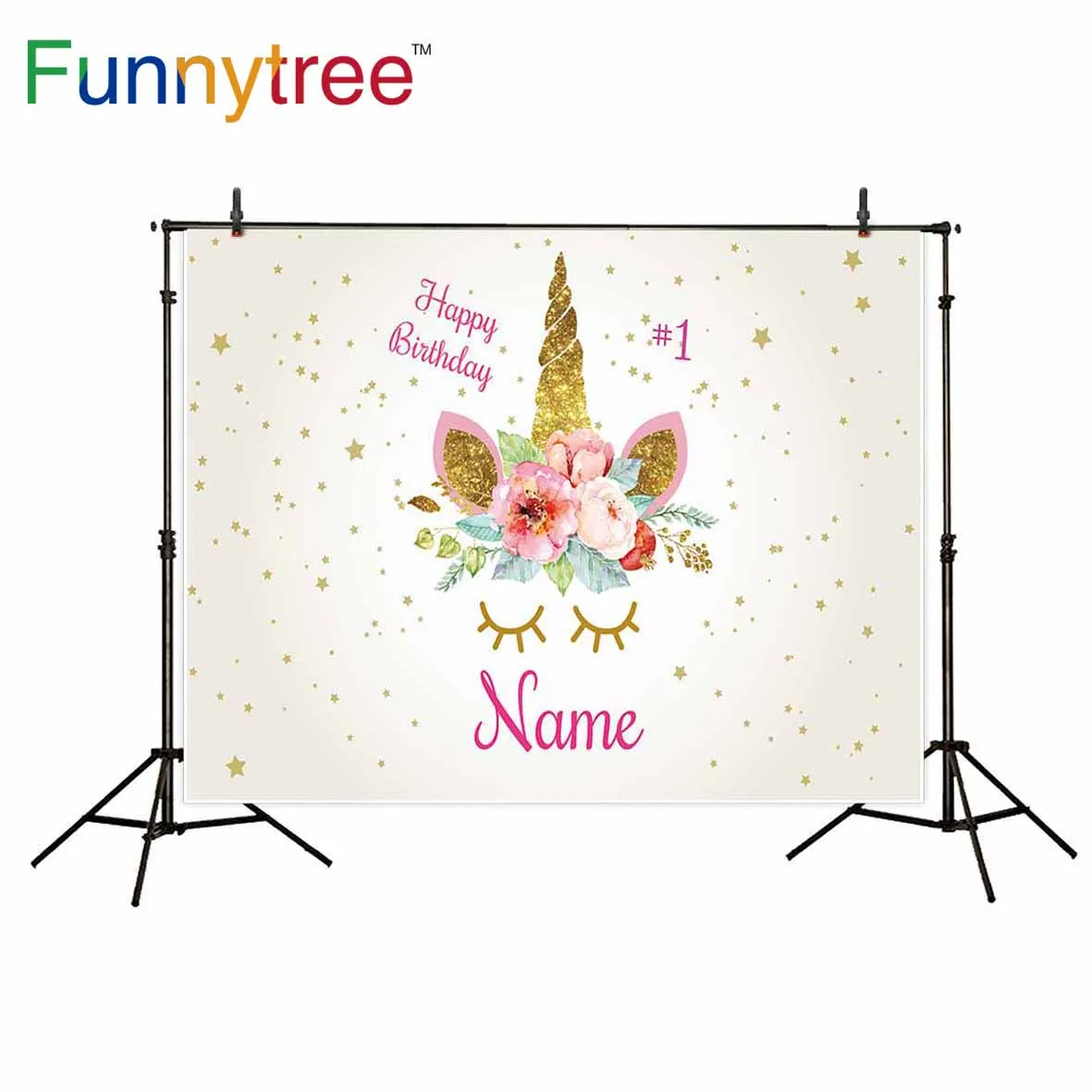 Фотофон Funnytree Единорог день рождения для студийной фотосъемки цветы золотые