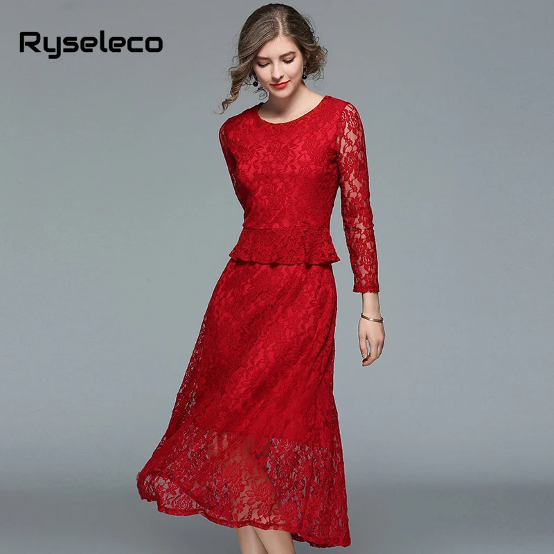 Ryseleco/осеннее модное платье из 2 предметов Красное Кружевное лоскутное тонкое