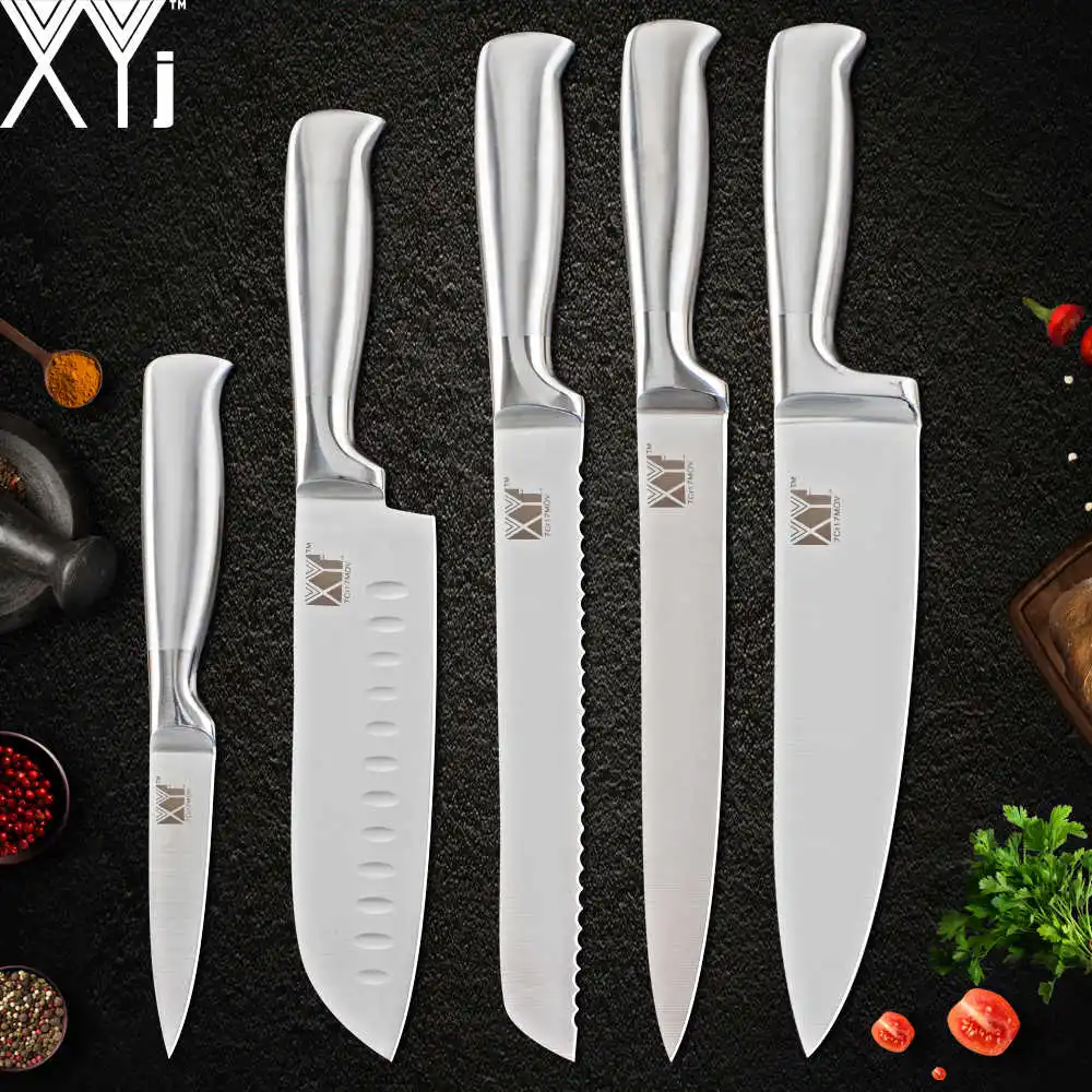 5 PCS XYJ наборы кухонных ножей и держатель Kinfe и точилка японское острое лезвие 7cr17 ножи из нержавеющей стали набор из 8 предметов инструменты для приготовления пищи - Цвет: 5 PCS