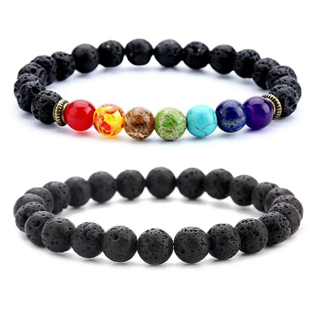 7 Chakra Lava 2 шт. 8 мм пары расстояние Йога браслет браслеты камень из натуральной лавы 7 Чакра бисером браслеты с тигровым глазом для мужчин женщин молитва ювелирные изделия - Окраска металла: 7 Chakra Lava