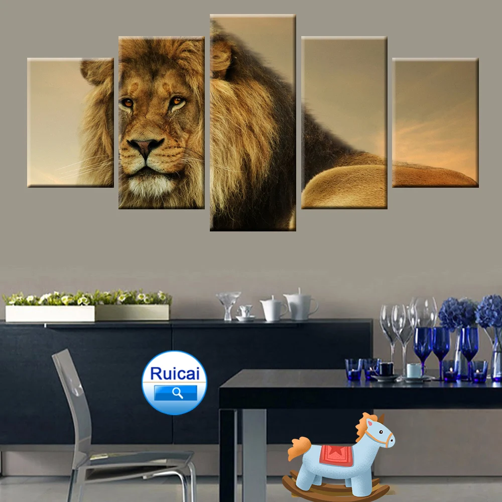 5 штук жесткая плакат со львом Холст Картина модульная картина HD рамка печатного